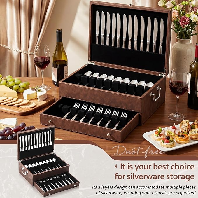 DoubleFill 2 Layer Leather Silverware Storage Box with Lid and Handles, Anti Tarnish Silverware Storage Chest Case with Felt-lined for 12-16 or More Sets of Utensils Flatware Gifts, 15.3x11.2x5.7 Inch