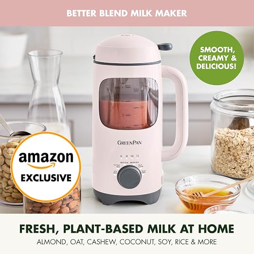 GreenPan 30oz Nut Milk Maker Machine, 15-in-1 for Homemade Almond, Oat, Soy, Coconut, Plant-Based Non-Dairy Beverages, Soups, BPA-Free Glass, Automatic Self-Clean, Delay Start, Pink