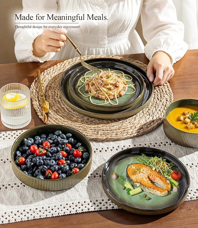 GBHOME 12-Piece Stoneware Dinnerware Set for 4 – Ribbed Ceramic Plates and Bowls, Scratch-Resistant, Microwave & Dishwasher Safe, Reactive Glaze, Rustic Green Gradient