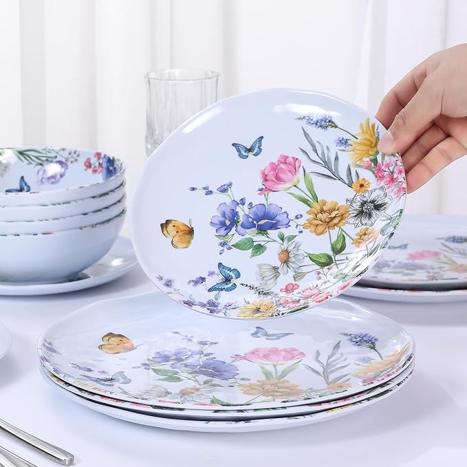 12 Piece Melamine Dinnerware Sets - Plates And Bowls Sets Floral Dinnerware Sets- Spring Camping Dishs Indoor Outdoor Use,Flowers And Butterflies Pattern