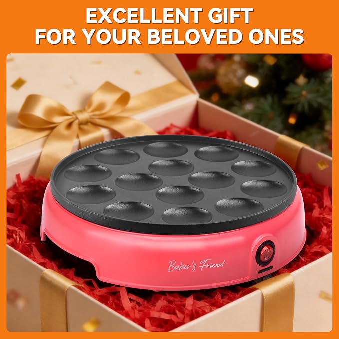 Baker's Friend Mini Pancakes Maker Machine, Dutch Mini Pancake Griddle, 14 Holes Electric Poffertjes Pan, Ideal for Breakfast, Snacks, Desserts & More, Red