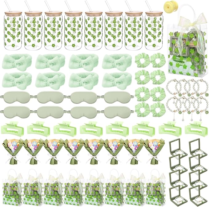 Vesici 73 Pcs Spa Sleepover Party Supplies Bulk Women 8 Sets Slumber Birthday Bridesmaid Gift Crochet Flower Glass Cup Eye Mask Hair Ties Gift Bag Bracelets Scrunchies Headband(Cherry Blossoms,Green)
