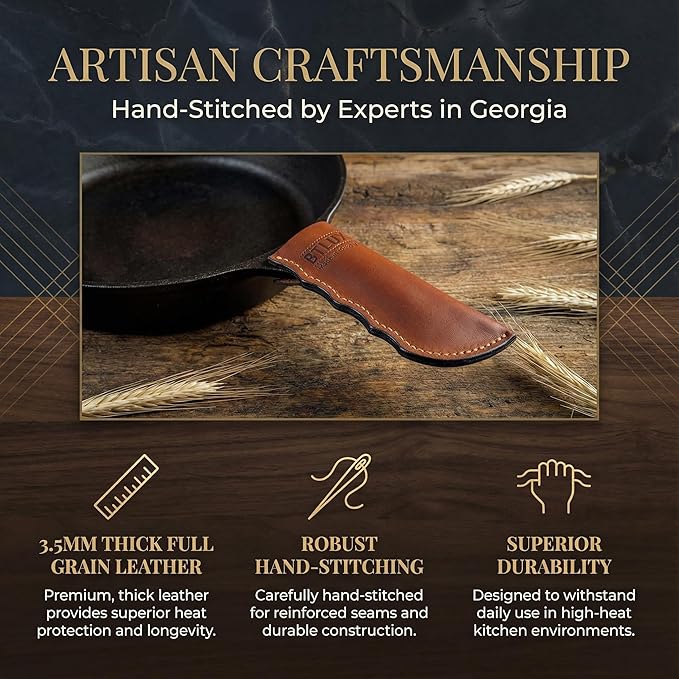 Proudly Made in Georgia from Full Grain Leather - Leather Cast Iron Handle Cover, Set of 2 - Heat Resistant Cast Iron Handle Sleeve for Skillets - Pot Holder for Hot Frying Pans, Pots