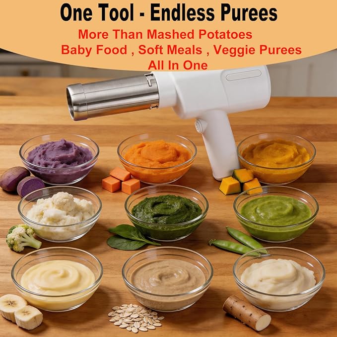 Electric Potato Masher & Ricer, 5-in-1 Handheld with 5 Discs, 5s 7oz Creamy Mash, Food Grade 304 Stainless Steel, Dishwasher Safe, Ideal for Thanksgiving & Homemade Baby Food (Adults Operated)