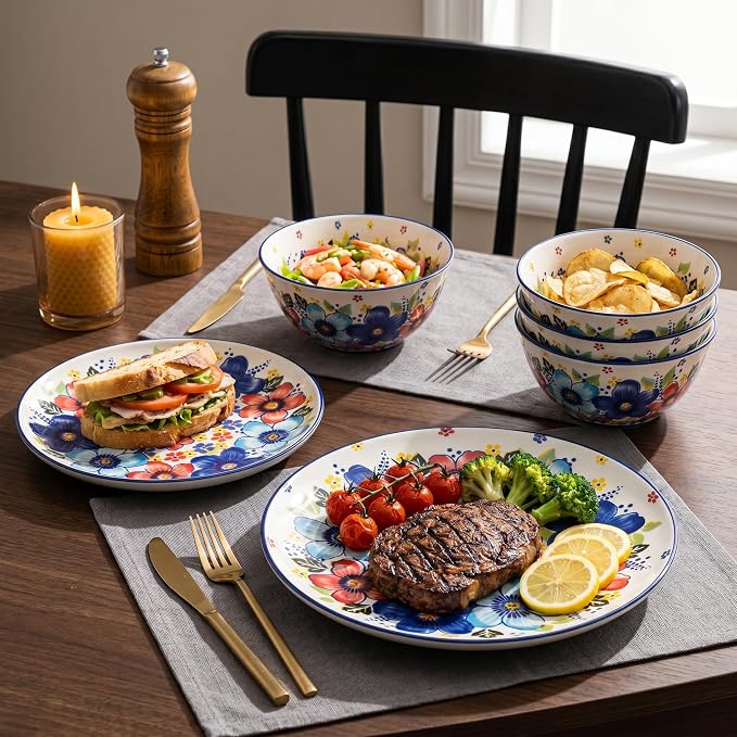 24-Piece Ceramic Dinnerware Set, Vibrant Floral, Service for 8, Colorful Floral Plates and Bowls, Microwave & Dishwasher Safe, Bohemian Style Porcelain Dish Set