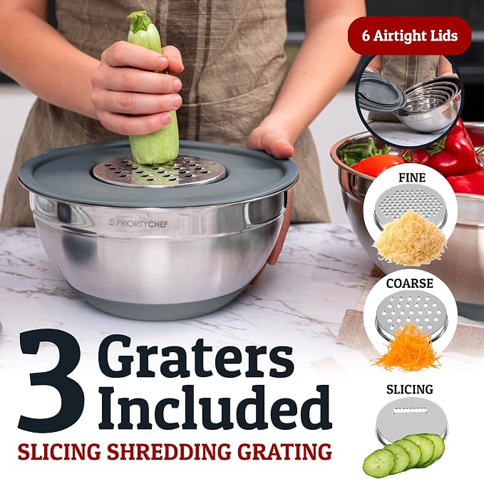 Priority Chef 6Pc Stainless Steel Mixing Bowls with Lids Set, Huge 7 Qrt Size Metal Bowl Set for Kitchen, 3 Graters, Non-Slip Bases & Silicone Utensils Set, Grey