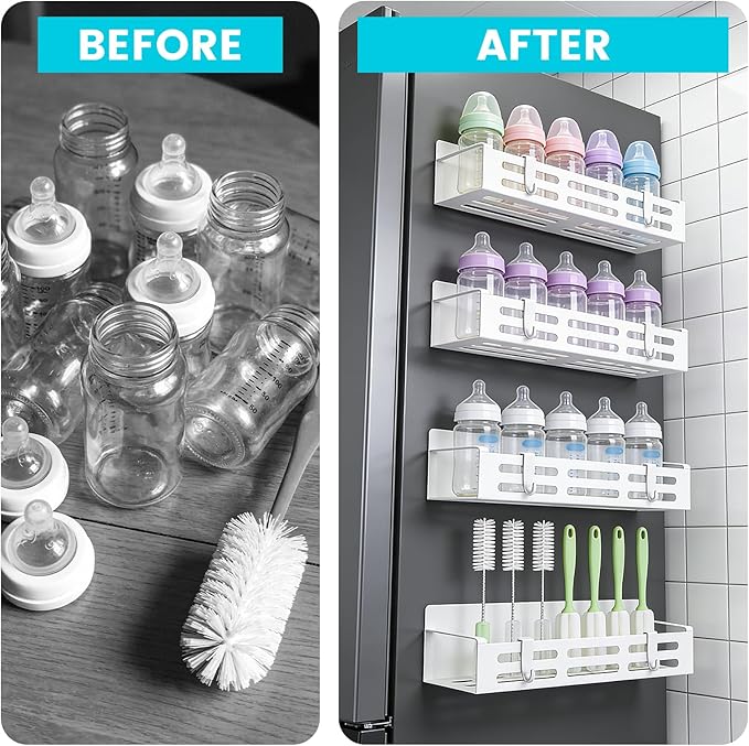 4 Pack Magnetic Baby Bottle Organizer for Refrigerator, Space Saving Bottle Organizer Rack, Durable Metal Shelves with 8 Hooks, Storage for Baby Bottles, Pacifiers, and Brushes