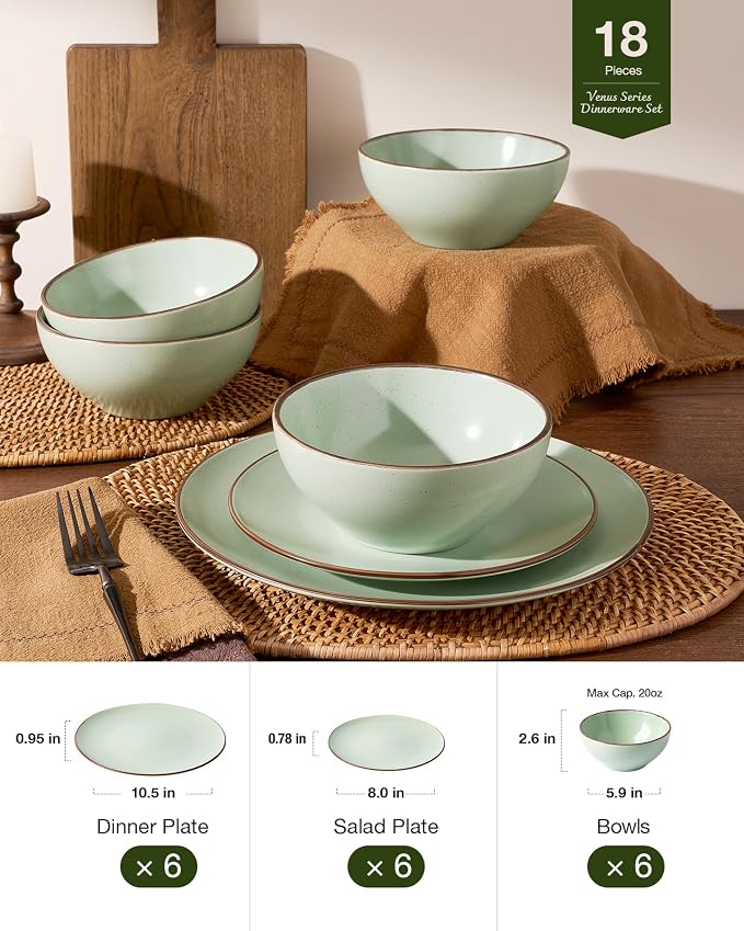 Famiware Venus Plates and Bowls Sets, 18 Pieces Stoneware Speckled Dishes Dinnerware Set for 6, Light Green - Microwave & Dishwasher Safe, Modern Minimalist, for Everyday Meals & Formal Dining