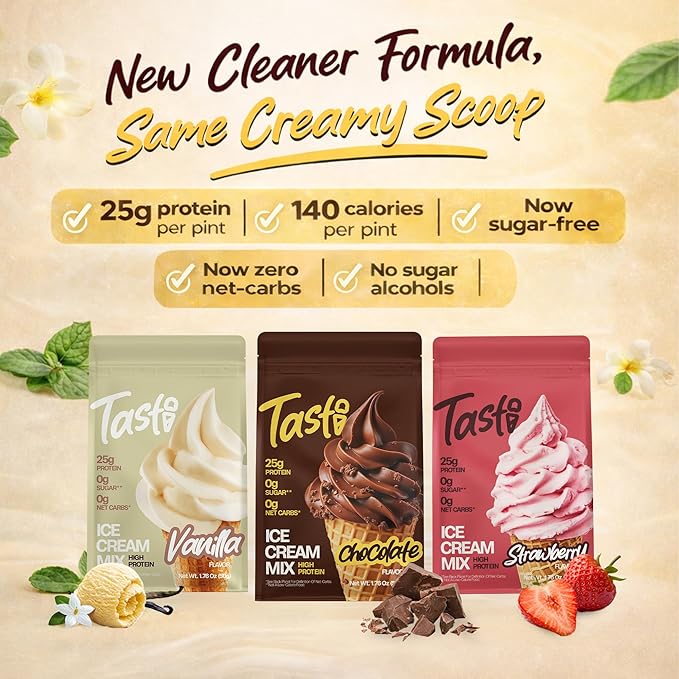 TASTI High-Protein Ice Cream Mix - Chocolate, Vanilla, & Strawberry Sugar Free Ice Cream Powder - Made for Ninja Creami, Soft Serve Mix with <150 Calories (6-Pack, 2 of Each Flavor)
