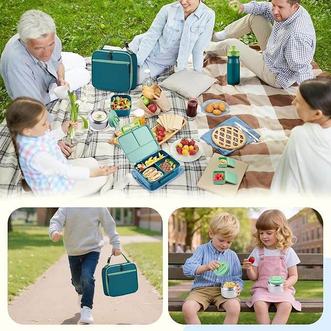 MAISON HUIS Bento Box for Kids with 8oz Soup Thermo, Leak-proof Lunch Food Containers with 5 Compartment, Insulated Lunch Bag & 17oz Stainless Steel Water Bottle for School, Trvael