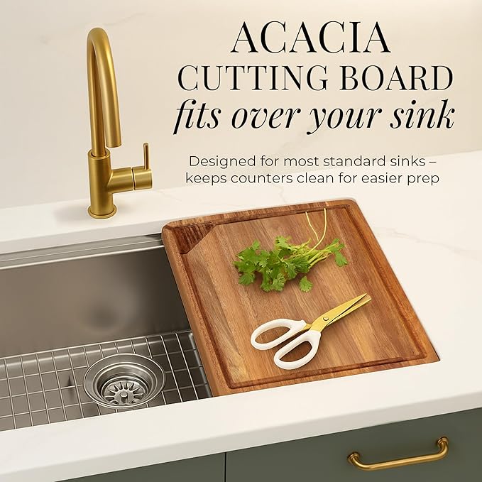 Acacia Wood Cutting Board Set with Holder – 4 Piece Wooden Cutting Board Set with Stand – Reversible Charcuterie Tray with Juice Grooves and Gold Handles – Stylish Kitchen Gift
