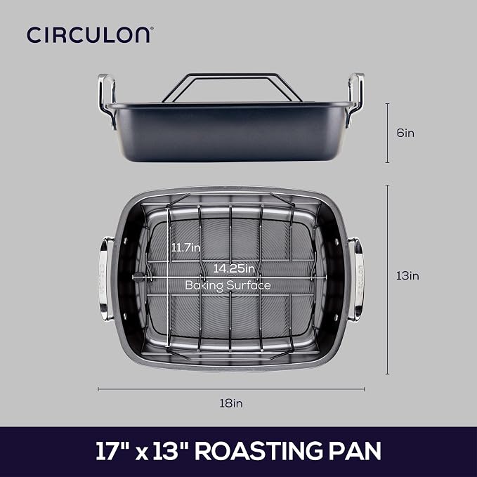 Circulon Ultra-Lasting Nonstick Roasting Pan with Rack, Roaster Pan with Easy Serve Rack, 17-Inch x 13-Inch, Black
