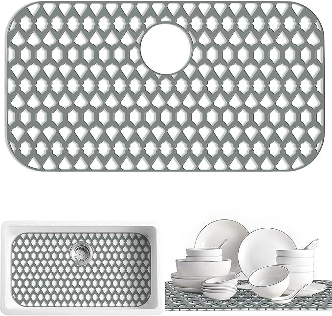 SAMSIER Silicone Sink Protectors Mats (13x11 & 14x12 & 16x12 & 18x16 & 19x14 & 21x16 & 22x13 & 25x16 & 26x14 & 28x14 & 30x16) for Bottom of Kitchen Sink (30”x16”, Rear Drain)