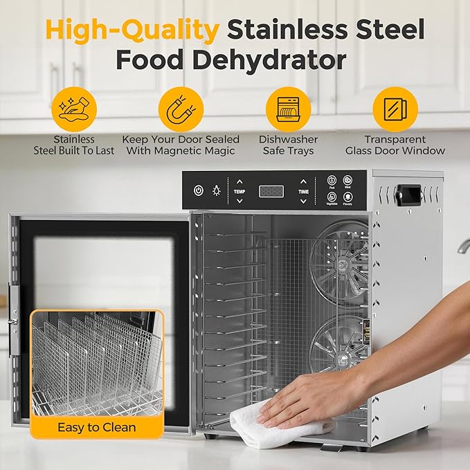 Suteck 12-Tray Food Dehydrator, 800W Dehydrator Machine with Stainless Steel Trays, Dual Fans & 360° Airflow, Digital Temp & Timer Control with 4 Presets, Quiet Dryer for Jerky, Fruit, Meat, Herbs