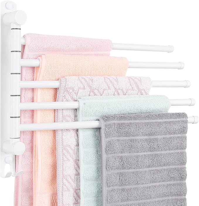 5-Arm Swivel Towel Rack - 180° Rotating Wall Mounted, 304 Stainless Steel Rustproof, Heavy Duty Bathroom Accessories, Space Saving Towel Organizer for Bathroom Kitchen Laundry - Pearl White