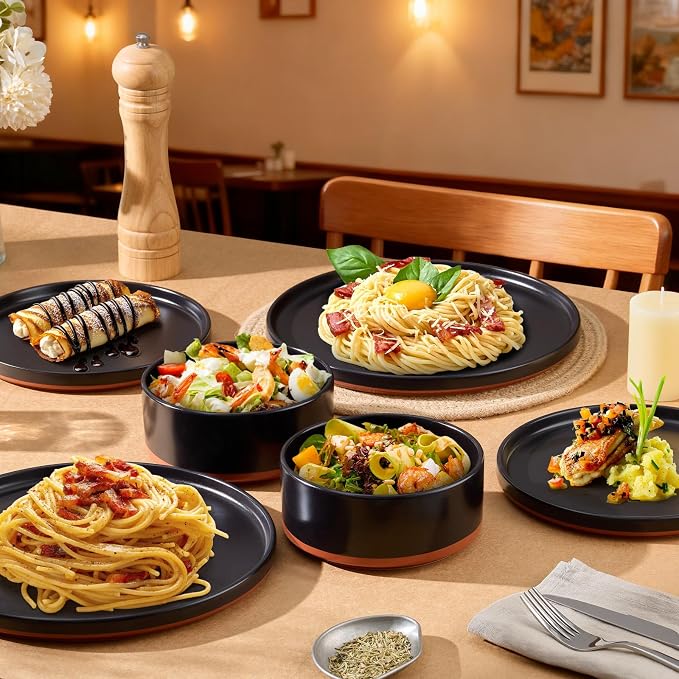 LIANYU Plates and Bowls Sets, 18 Pieces Stoneware Dinnerware Set for 6, Modern Kitchen Dinner Set Ceramic Dishware Dishes Set, Microwave and Dishwasher Safe, Charcoal Black