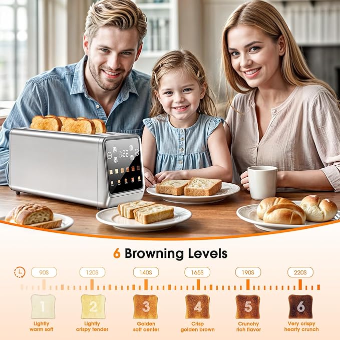 Smart 4-Slice Toaster, 75° Touchscreen with Digital Timer & Even-Heat Tech, Extra-Wide Slots for Bagels & Thick Bread, 6 Browning Levels, Defrost/Reheat, Single-Slot Energy Saving
