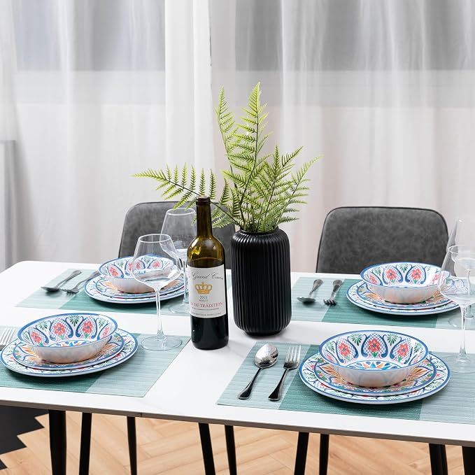18 Pieces Melamine Dinnerware Sets, Service for 6, Paisley Kitchen Plates and Bowls Set, Unbreakable & Lightweight Dinnerware Set, Camping Dishs Indoor Outdoor Use, Spanish Floral Pattern