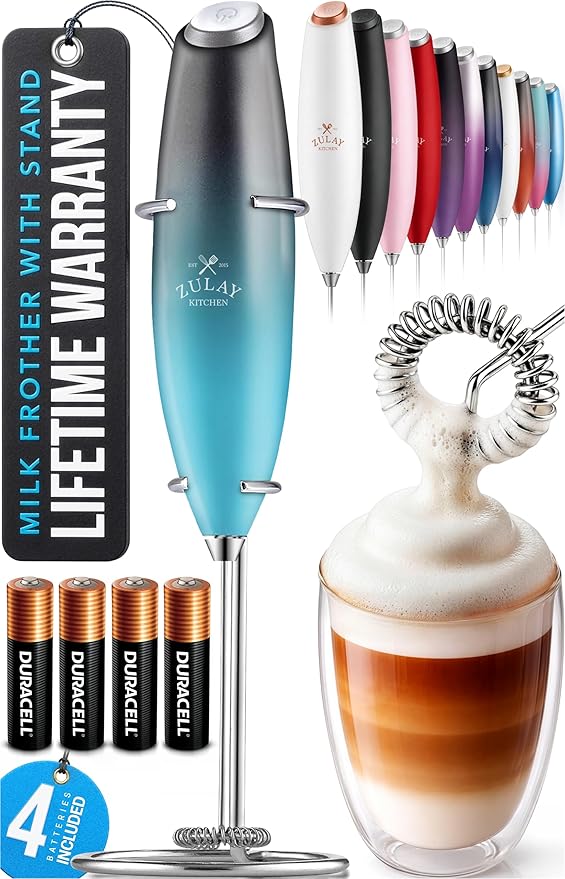 Zulay Kitchen Powerful Milk Frother Wand With 4 AA Duracell Batteries - Ultra Fast Handheld Drink Mixer - Electric Whisk Foam Maker for Coffee, Lattes, Cappuccino, Matcha & Creamer - Marine