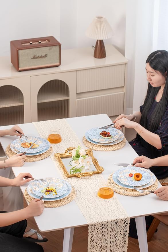 FHGNYSM High Bone China Dinnerware Set, 12-Piece Artistic Blue Plates and Bowls, Lightweight & Chip Resistant Ceramic Service for 4, Dishwasher Safe Elegant Kitchen Dining