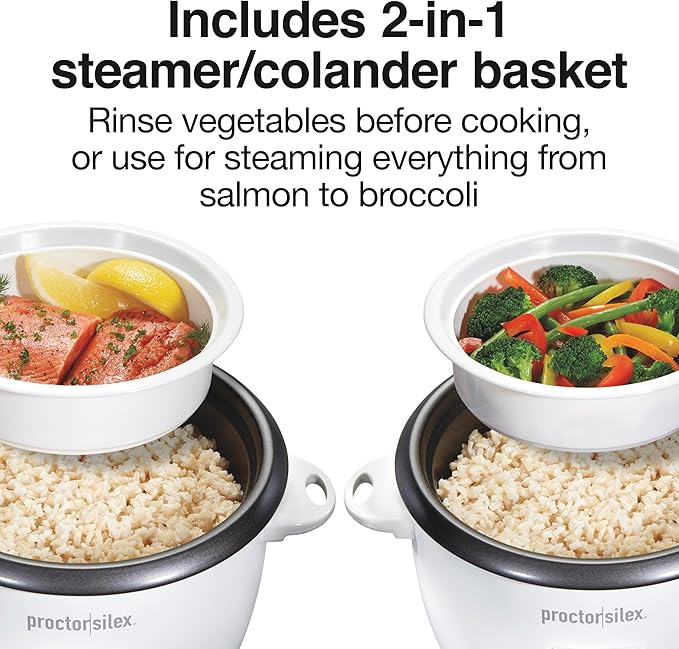 Proctor Silex Rice Cooker & Food Steamer, 10 Cups Cooked (5 Cups Uncooked), Includes Steam and Rinsing Basket, White (37533G)