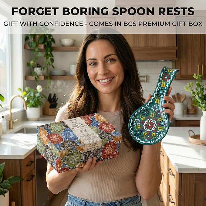 BCS Ceramic Spoon Rest, Large 9” Hand Painted Spoon Holder for Stove Top & Kitchen Counter, Dishwasher Safe & Heat Resistant Utensil Holder, Floral Kitchen Decor, Handmade Pottery
