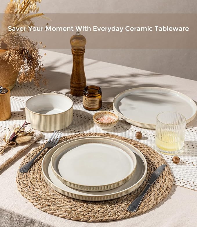 GBHOME 18-Piece Stoneware Dinnerware Set for 6 – Ribbed Ceramic Plates and Bowls, Scratch-Resistant, Microwave & Dishwasher Safe, Reactive Glaze, Oatmeal Veil