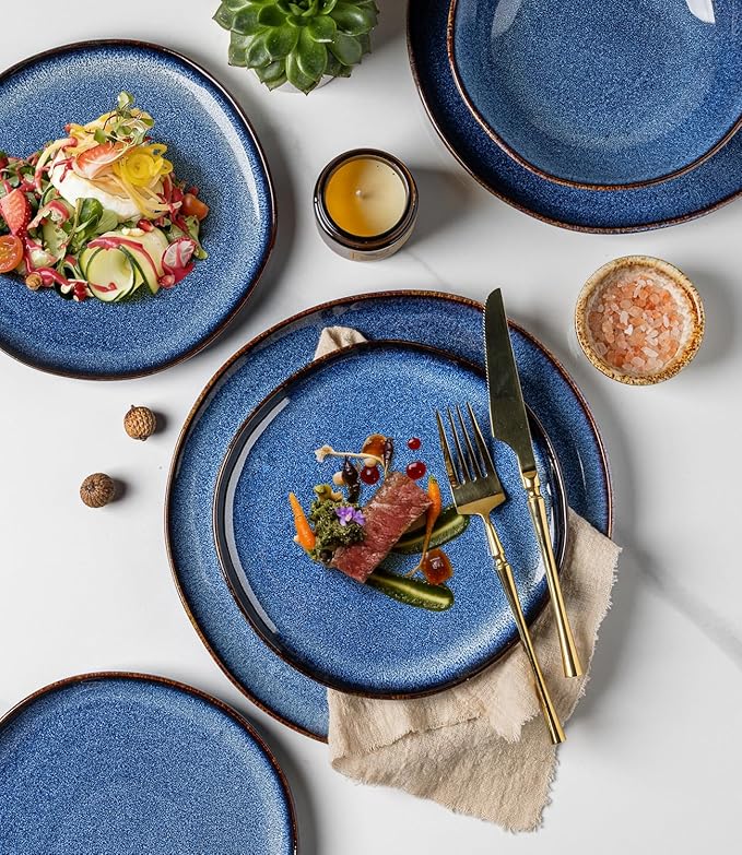 GBHOME Stoneware Dinnerware Sets for 6, 18 Pieces Rustic Earthenware Plates and Bowls Set, Handmade Reactive Glaze Ceramic Plate Sets, Chip Resistant Dishes, Microwave & Dishwasher Safe, Sea Blue