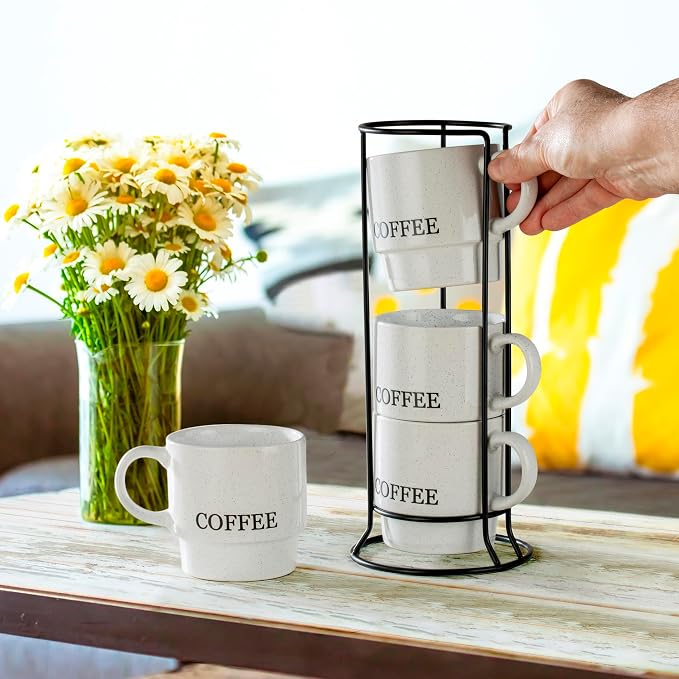 Signature Housewares Stackable Coffee Mug Tower Set with Metal Wire Rack - 15 Ounce for Tea, Cocoa, Milk, Cappuccino, Hot Chocolate Set of 4 - White Coffee (Pack of 4)