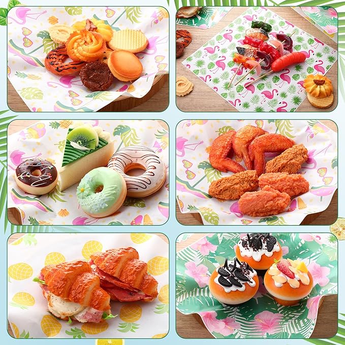 Reallnaive 300 Pcs Summer Theme Wax Paper Sheets 12 x 12 Inch Parchment Deli Tissue Paper Sandwich Wrapping Sheets Food Basket Liners for Kitchen Restaurant Baking Supplies, 6 Styles