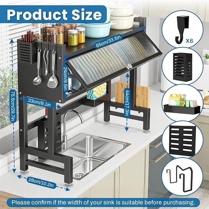 Over the Sink Dish Drying Rack 3 Tier with Cover.Space-Saving Dish Drainer Organizer for Dishes, Glasses, Bowls & Cutlery.Tidy Kitchen Counter Storage Solution