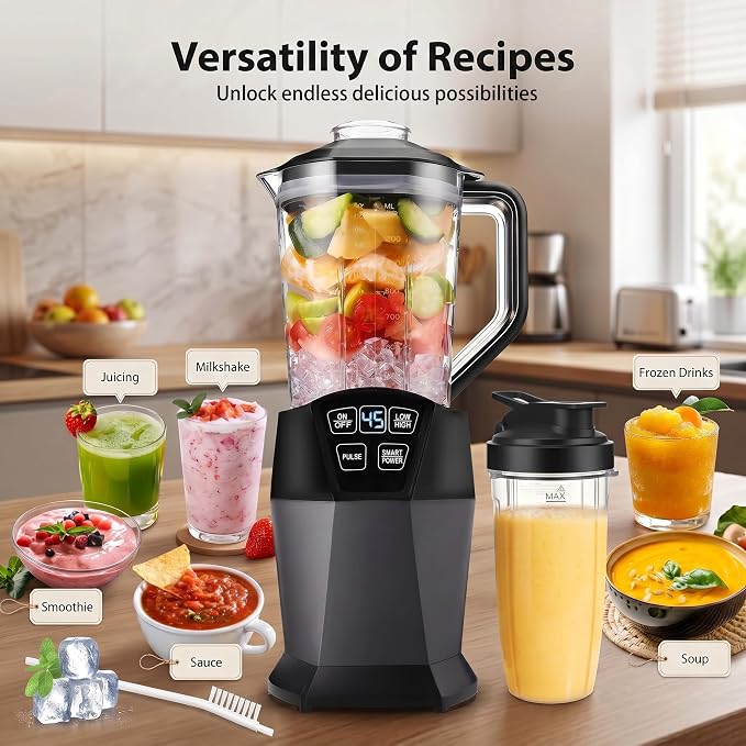 Liebe&Lecker Countertop Blender, 1200W Kitchen Mixer with 50-Oz Jar | Professional Blender with 28-Oz To-Go Cup, 4 Preset Programs for Smoothies, Shakes & Purees, Zero BPA, Matte Black