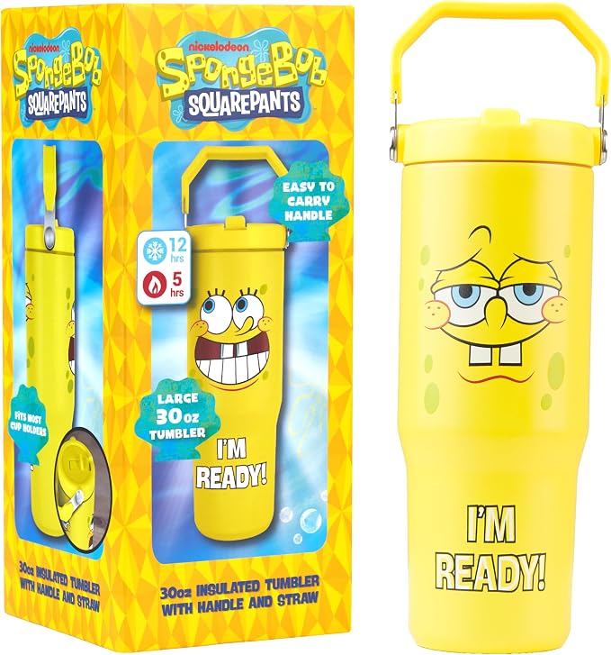 Get Trend SpongeBob SquarePants 30oz Tumbler with Handle and Straw, Kids Stainless Steel Insulated Water Bottle, BPA-Free, Leak-Proof, Cold for 12h, Hot 5h, Gifts for Boys Girls (Yellow SpongeBob)