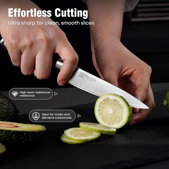 PAUDIN Kitchen Knife Set, Ultra-Sharp Damascus Clad Steel Knives for Meat and Vegetables, Ergonomic Wooden Handle,62 HRC Modern Kitchen Chef Knife Set for Cooking,BBQ,Meal Prep,Gifts for Men and Women