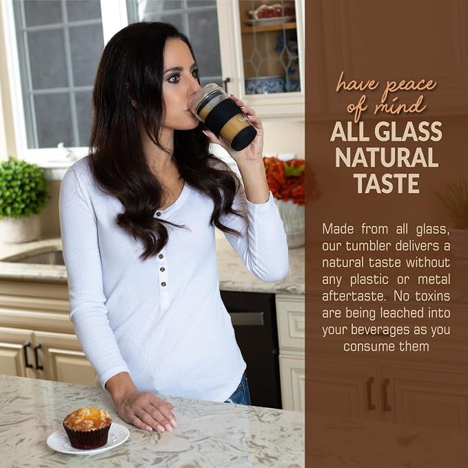 Double Wall Glass Tumbler - 8-Ounce, All Glass Hand Blown Reusable Insulated Tea/Coffee Mug & Lid, Travel Mug - Black