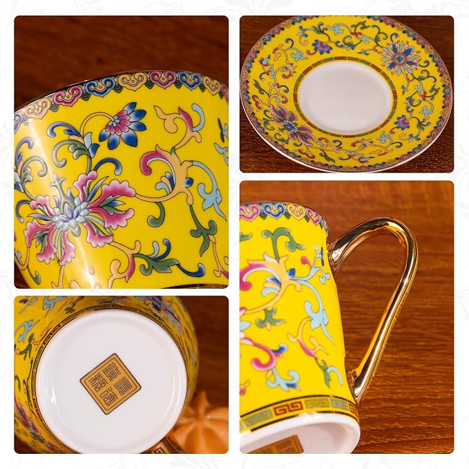 KAMMAK Tea Cups and Saucers Set of 2, Porcelain Coffee Cups with Saucer for Espresso, Cappuccino, 7.78oz Vintage Noble Yellow Ceramic Novelty Mug for Home, Tea Party, Office, 623N