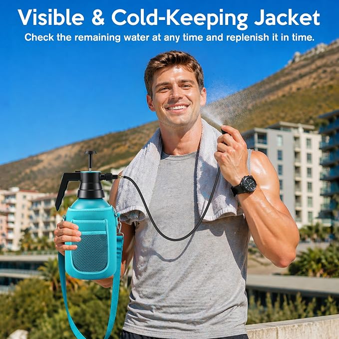 Aurelema Personal Mister, 2 in 1 Water Spray Bottle with 3.3ft Extend Mist Line/Neoprene Jacket/Strap, Portable Handheld Pump Spray Bottle for Outdoor Cooling, Hiking, Garden, Pet(Blue,2L)