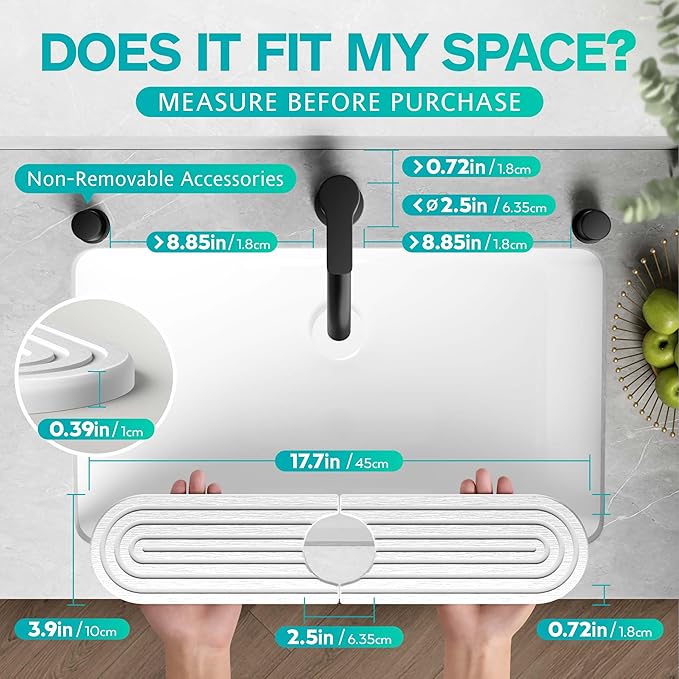 Stone Faucet Mat for Kitchen Sink – Diatomite Fast-Drying Stone Tray, Faucet Mat Sink Splash Guard, Decorative Sink Protector for Kitchen Bathroom Counter [Light Grey, 17.7''x3.9'']