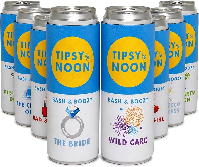 Funky Junque Bachelorette Party Favors Slim Can Cooler, Funny Bridesmaid & Bride Gifts for Girls Trip, Bridal Shower Decorations & Accessories, 12 oz Skinny Can Covers - Tipsy by Noon - 8 Pack