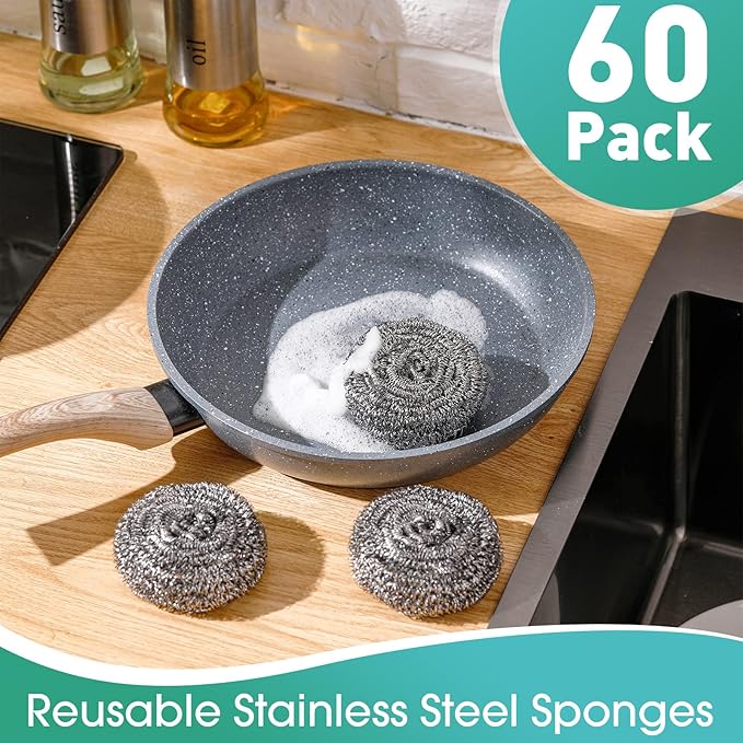 Roshtia 60 Pieces Stainless Steel Scouring Pad Bulk Metal Scrubber for Cleaning Dish 30 Gram Stainless Steel Sponge Round Metal Wool Scrubber for Cleaning Kitchen Bathroom Household