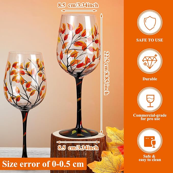 SiliFine 2 Pcs Autumn Fall Leaves Theme Party Stemmed Wine Glasses Hand Painted Drinking Cup Wine Glasses Gifts for Birthday Theme Holiday Party Supplies