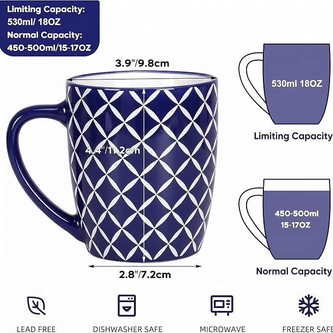 Schliersee 18 OZ Large Coffee Mugs Set of 6, Ceramic Mug for Man Woman, Blue White Geometric Floral Porcelain Cup for Latte, Tea, Cappuccino, Mocha, Cocoa, Housewarming Wedding Mug Present