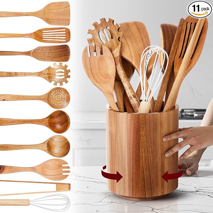 SiliFine 11 Pcs Wooden Kitchen Utensils Set with 360° Straight Rotating Holder Acacia Wood Cooking Utensils with Cooking Spoons Spatulas Nonstick Cookware Countertop Kitchen Decorations(Natural)