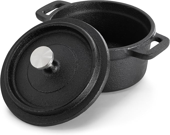 MegaChef Cast Iron 8 Ounce Mini Dutch Oven with Wood Tray, Cookware, Bakeware, Serveware (1 Piece)