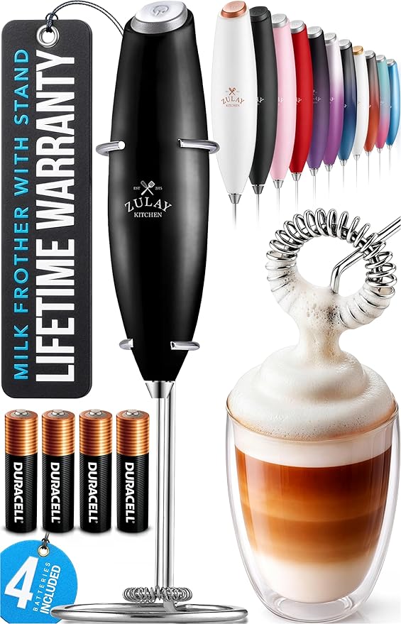 Zulay Kitchen Powerful Milk Frother Wand With 4 AA Duracell Batteries - Ultra Fast Handheld Drink Mixer - Electric Whisk Foam Maker for Coffee, Lattes, Cappuccino, Matcha & Creamer - Metallic Black