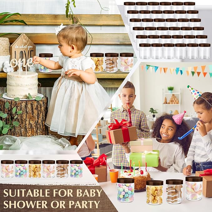 Sliner 60 Pcs 8 oz Plastic Jars with Lids Clear Round Leakproof Storage Containers Empty Refillable Plastic Mason Jars for Travel Storage Face Creams Kitchen Household Food Spice (Brown)