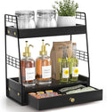 Coffee Bar Station Organizer with Built-In Drawer, 2-Tier Countertop Shelf for Tea Bags, Coffee Accessories, Syrup Bottles (Black)