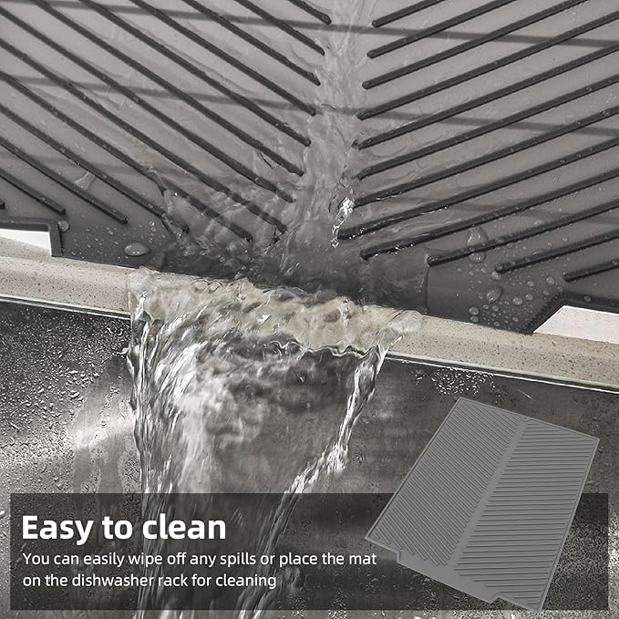 Draining Board Mat, Non Slip Silicone Dish Drying Mat Flume Drain Board Drainer Mat for Kitchen Countertop Tabletop Accessories (Gray)