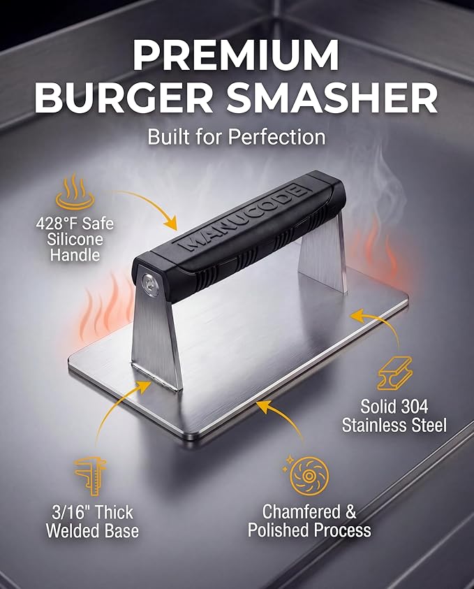 Stainless Steel Burger Smasher 2.50 LB – 8x4.25 Inch Steak Weight for Smash Burgers, Bacon, Sandwiches | Dishwasher Safe, Preheatable Protein Press with Silicone Handle | Commercial BBQ Tool