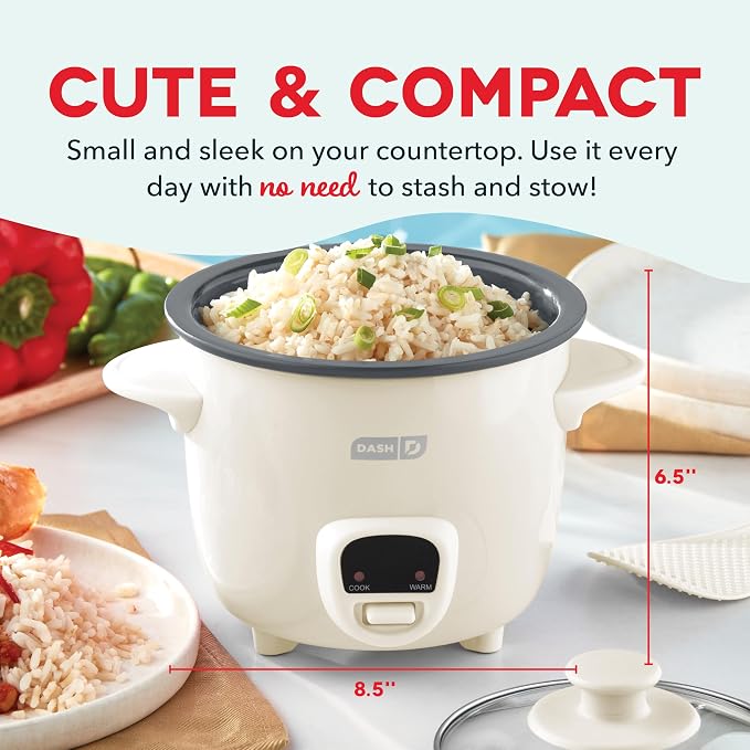 Dash Mini Rice Cooker | Small Rice Maker, 2 Cups Cooked / 1 Cup Uncooked, Ceramic Nonstick Removable Pot, Keep Warm Function, Compact and Portable for Dorm, Travel, Single Serve, Cream